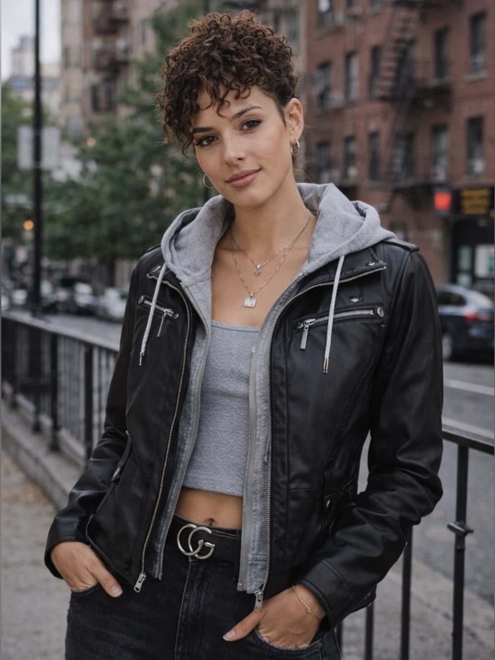 Jou Jou Faux Leather Moto Jacket Hooded Insert Black Zip Up S